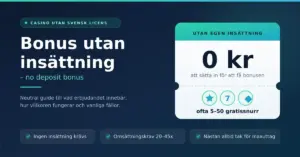 Grafik med rubriken "Bonus utan insättning – no deposit bonus" och ett biljettkort som visar 0 kr insättning, gratissnurr, omsättningskrav 20–45x och tak för maxuttag på casino utan svensk licens.