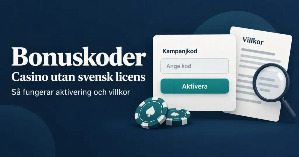 Illustration av ett fält för kampanjkod, en aktiveringsknapp och ett villkorsdokument med förstoringsglas för casino utan svensk licens.