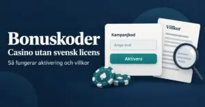 Illustration av ett fält för kampanjkod, en aktiveringsknapp och ett villkorsdokument med förstoringsglas för casino utan svensk licens.