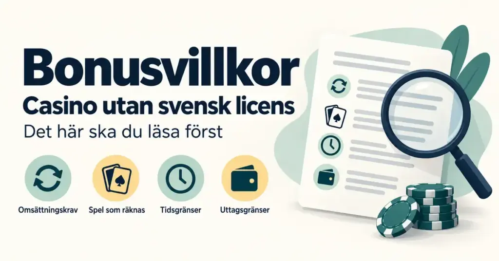 Illustration av bonusvillkor för casino utan svensk licens med förstoringsglas, dokument och symboler för omsättningskrav, spel som räknas, tidsgränser och uttagsgränser.