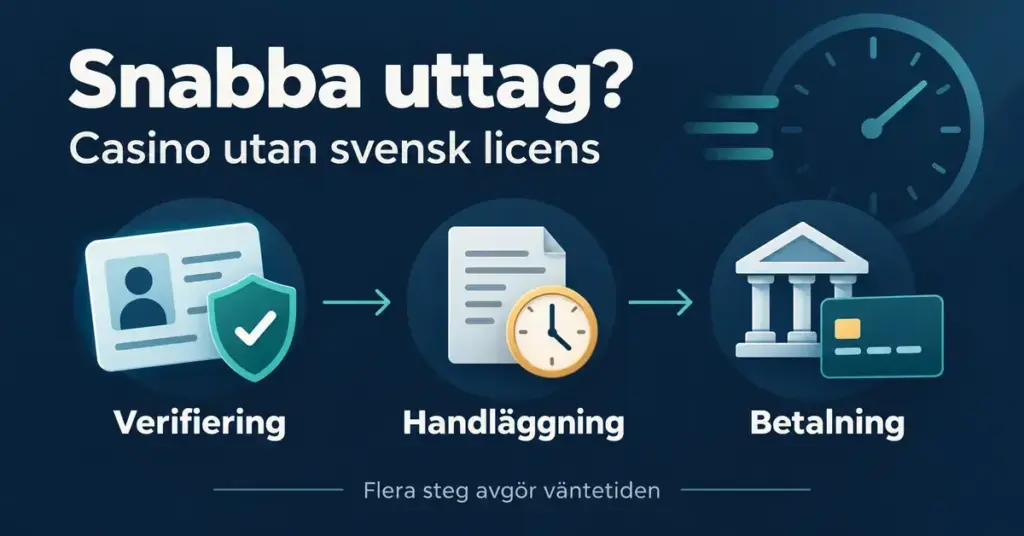 Grafik om uttag från casino utan svensk licens som visar hur verifiering, handläggning och betalning påverkar väntetiden.