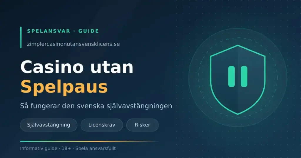 Grafik med rubriken ”Casino utan Spelpaus” och underrubriken ”Så fungerar den svenska självavstängningen”, med en sköld som innehåller en paussymbol mot mörkblå bakgrund.