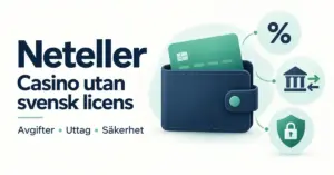 Illustration av en digital plånbok med symboler för avgifter, bankuttag och säkerhet samt text om Neteller på casino utan svensk licens.