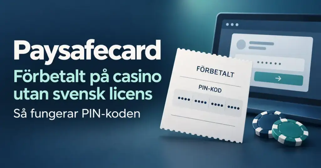 Illustration av en förbetald voucher med maskerad PIN-kod, ett betalningsfönster och två spelmarker intill text om Paysafecard på casino utan svensk licens.