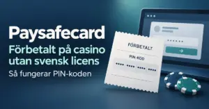 Illustration av en förbetald voucher med maskerad PIN-kod, ett betalningsfönster och två spelmarker intill text om Paysafecard på casino utan svensk licens.